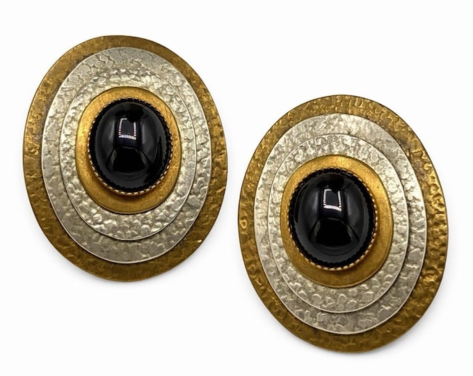 Vintage Michael Bondanza SF Signed Clip Earrings Black Cabochon Mixed Metal Oval