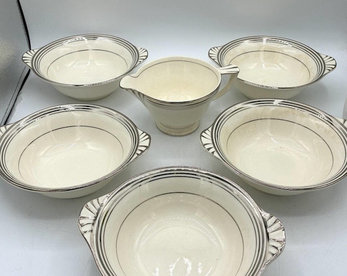 Vintage Carrollton Pottery 5 Handled Soup Bowls & Creamer Ivory Silver Trim Set
