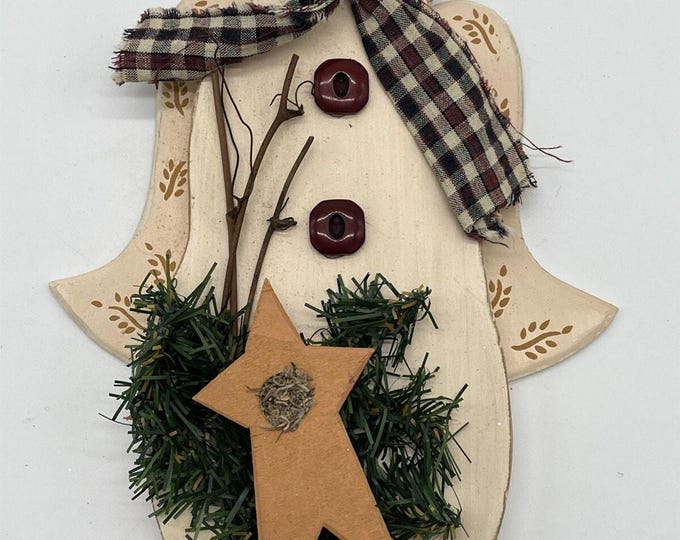 Primitive Rustic Snowman Wood Hanging Buffalo Check Bow Star Christmas Decor