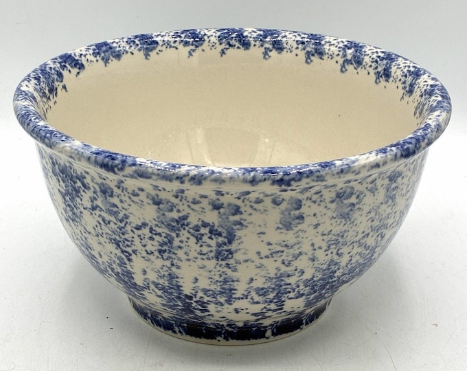 Blue White Spongeware Pottery Mixing Bowl 8.5 Inch Farmhouse Kitchen Decor