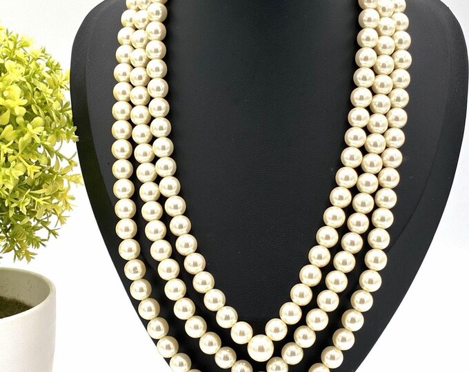 Vintage 3-Strand Graduated Faux Pearl Choker, Ornate Gold Tone Rope Clasp, 16