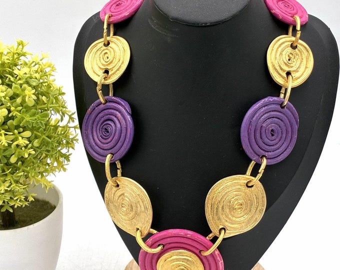 Chunky Wood Spiral Statement Necklace, Purple Pink Gold Boho Artisan Style 18 Inch