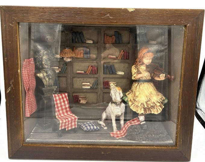 Vintage Shadow Box Diorama Girl Playing Violin Howling Dog Library 13”