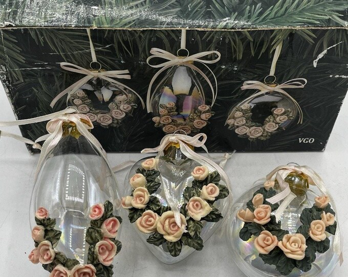 Set 3 Victorian Hand-Blown Glass Christmas Ornaments Roses Ribbons VGO in Box