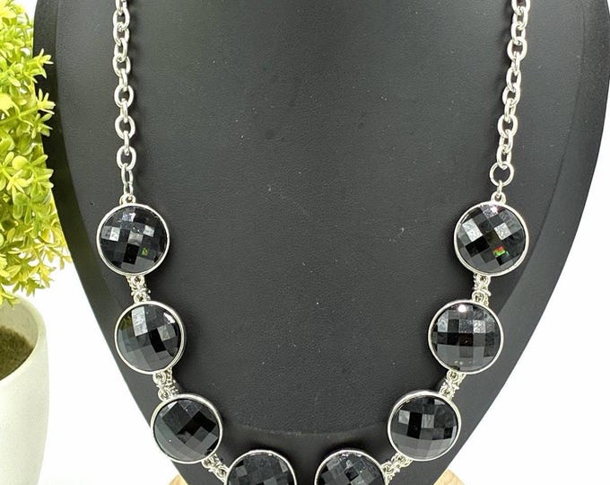 Black Faceted Bead Silver Multi Chain Reversible Statement Necklace 22”
