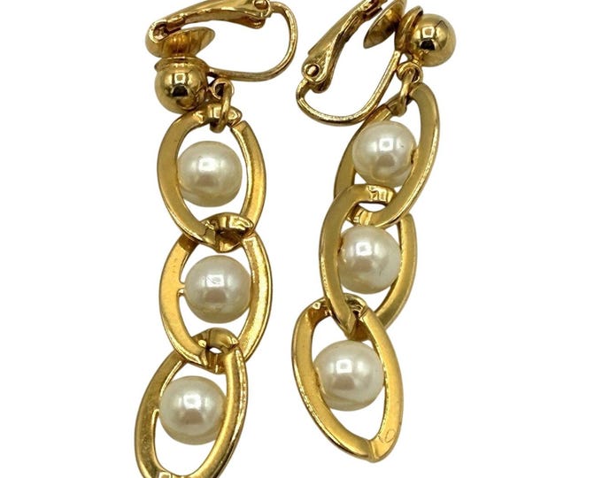 Vintage Avon Signed Gold Tone Faux Pearl Chain Link Drop Earrings