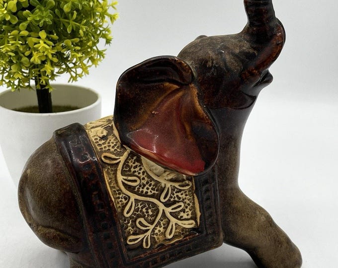 Vintage Glazed Ceramic Elephant Figurine Trunk Up Ornate Saddle 7” Decor