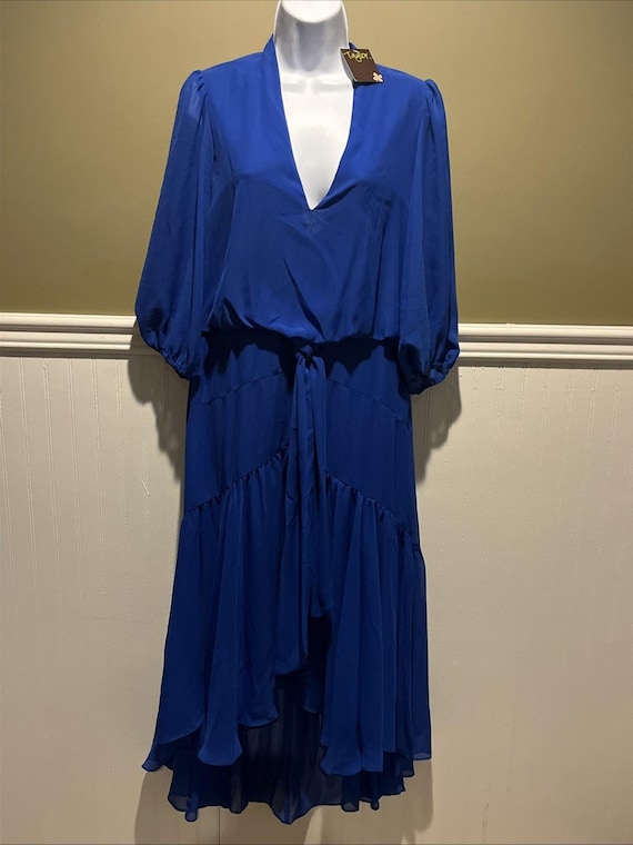 Taylor Royal Blue Azure Chiffon V Neck High Low Midi Dress Medium