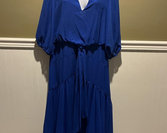 Taylor Royal Blue Azure Chiffon V neck High Low Midi Dress Medium