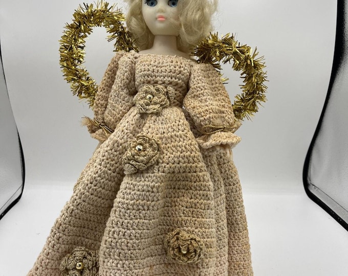 Vintage Fair Baby Doll Angel Blonde Crocheted Dress Tinsel Wings Christmas 12"