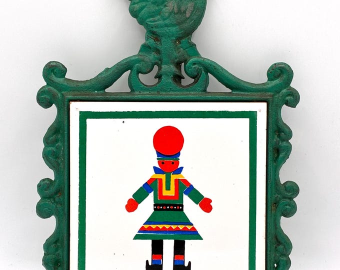 Vintage Cast Iron Rooster Tile Trivet Teal Green Folk Costume Figure Kitchen 9”