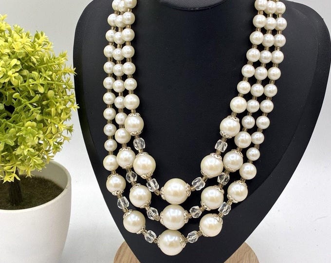 Vintage Japan 3 Strand Faux Pearl Crystal Necklace 17” Statement Jewelry