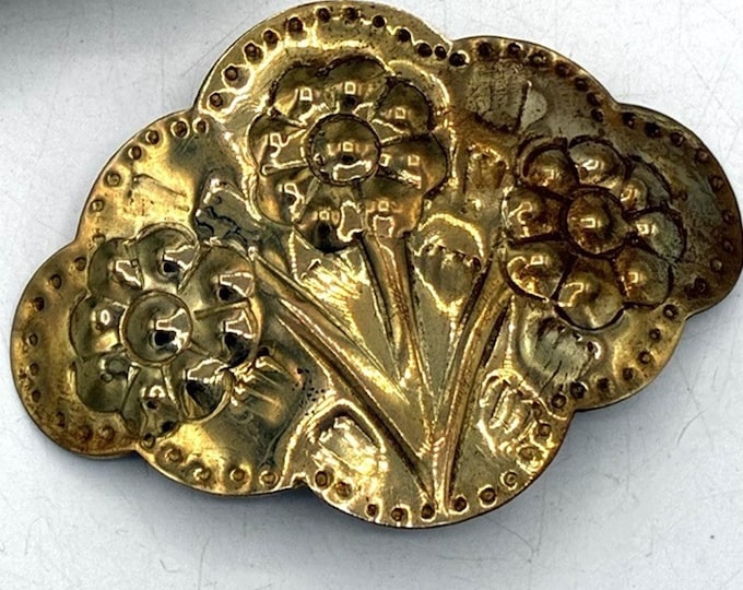 Antique Victorian Brass Hair Barrette – Repoussé Floral Embossed Clip 2.5”