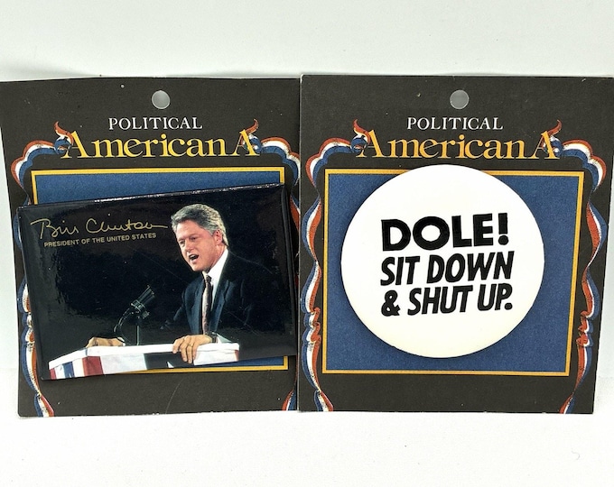 Vintage Political Americana Button Lot of 2 Bill Clinton Bob Dole Satire Original Cards NOS