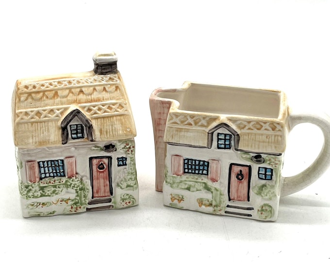 Vintage Annie Rowe Summer Cottage Creamer Sugar Bowl Lid Ceramic Village Set