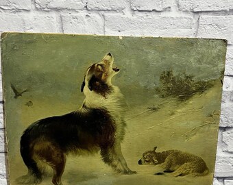 Antik viktoriansk collie, hund, lamm, vinterkromolitografi, U.S. AG Co 20x16