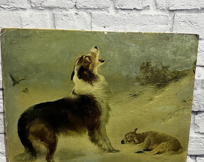 Antique Collie Dog & Lamb Chromolithograph Victorian Pastoral Print 20x16