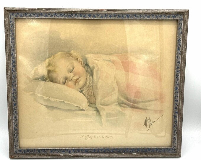 Antique Mighty Like a Rose Sleeping Baby Print Fanini Framed Chromolithograph