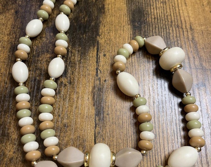 Chunky Beaded Necklace Boho Long 30" Cream Sage Taupe Neutral Stone Look
