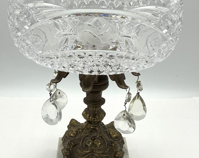 Vintage Hollywood Regency Cut Glass Compote Bowl, Brass Pedestal Marble Base