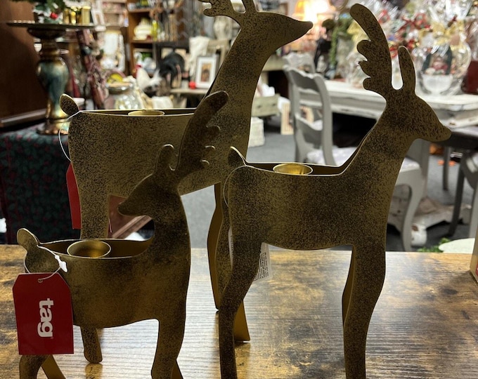 Set of 3 TAG reindeer CHRISTMAS brass candle holders NEW 9” 11” 13” Tall