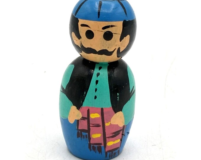 Vintage Miniature Wooden Folk Art Doll Man Hand Painted Blue Hat 2.5”