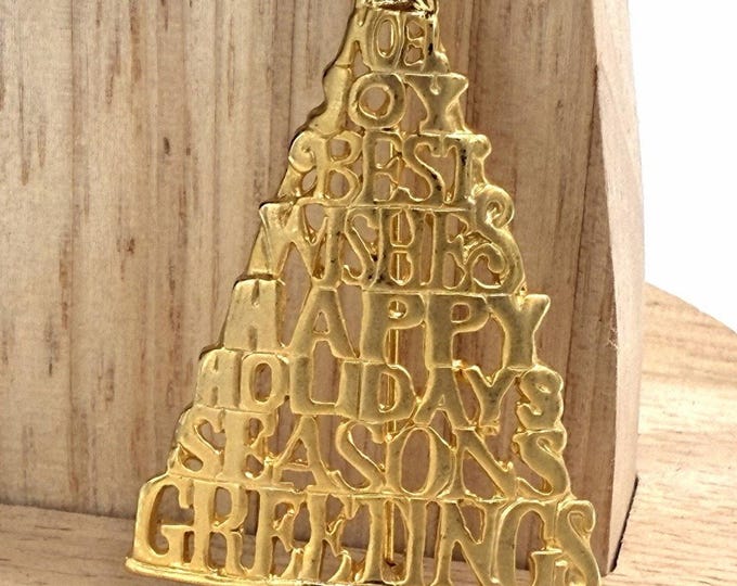Vintage Danecraft Gold Tone Christmas Tree Brooch Holiday Greetings Pin