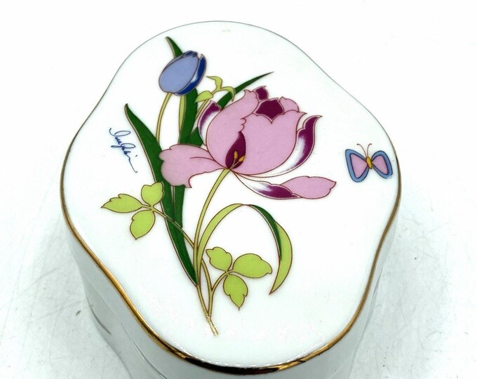 Vintage Japan Porcelain Trinket Box Pink Tulips Gold Trim Signed