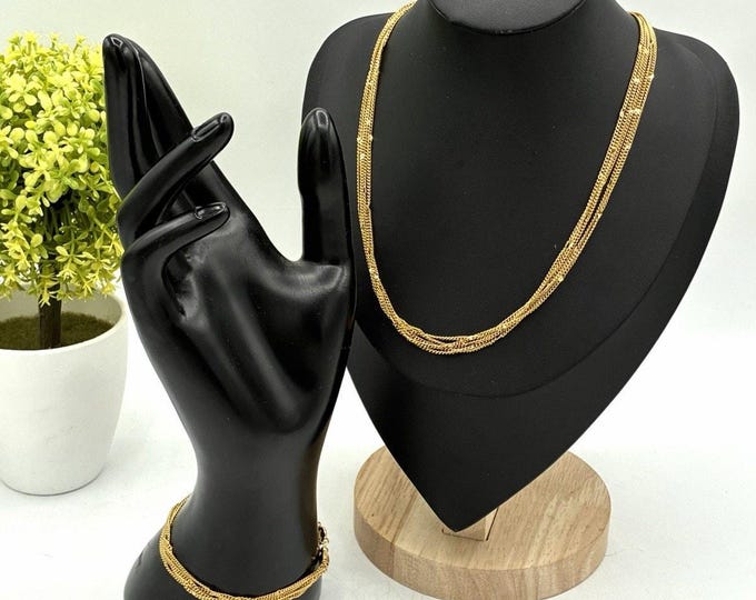 Evoke Gold Tone 5 Multi Strand Chain Necklace Bracelet Set Signed Vintage