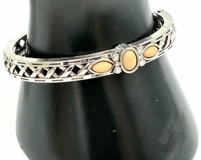 Peach Cabochon Rhinestone Hinged Cuff Bracelet Silver Tone Openwork Vintage