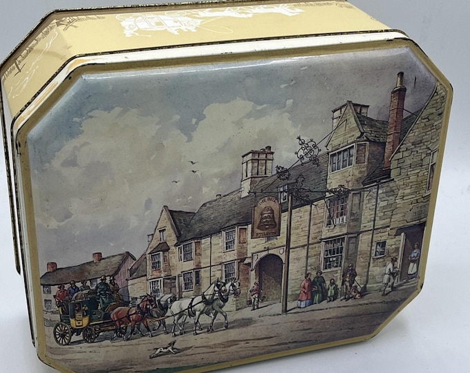 Vintage Octagonal Mid Century Tin Countryside Horse And Carriage