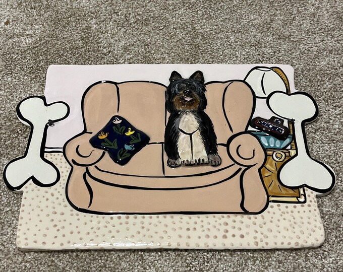 Ceramic Tile Signed Art Piece 13x9” 1994 “Snickers” Terrier Dog Wall Hanging 3D