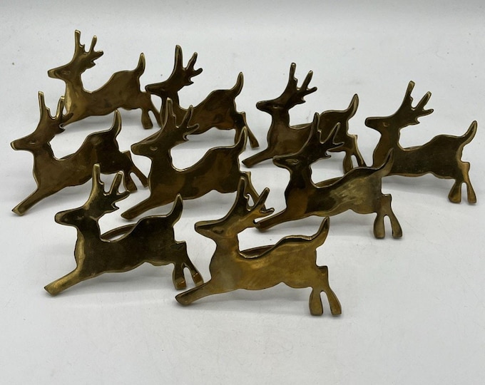 9 Vtg Brass reindeer Napkin Ring Holders Made In India Christmas Seasonal