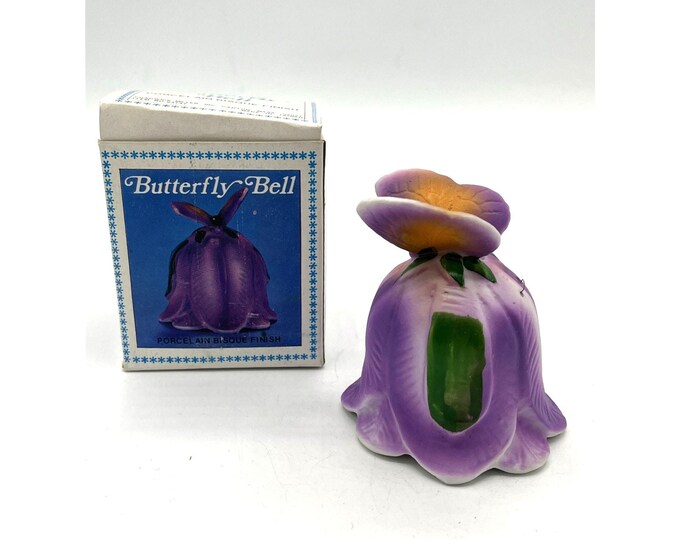 Vintage Chadwick Purple Flower Butterfly Bisque Porcelain Ringing Bell
