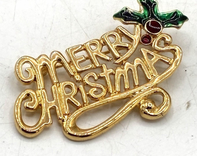 Vintage Merry Christmas Brooch Gold Tone Holly Red Green Enamel 2 Inch
