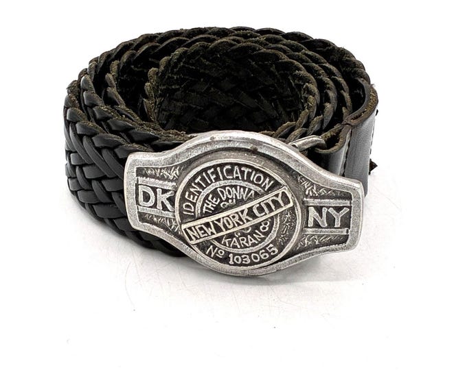 Vintage DKNY Braided Leather Belt M/L Donna Karan Identification Buckle