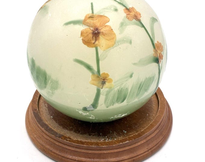 Vintage Handmade Sphere Candle Pressed Flowers Wood Base 5” Boho Decor