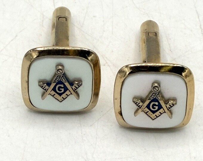 Vintage Masonic Cufflinks Mother of Pearl Gold Tone Square Compass Freemason