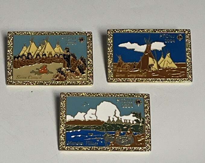 Lot of 3 Vtg 04’ Lions Club Pin Set Native American Sioux Council and Campement Mandan