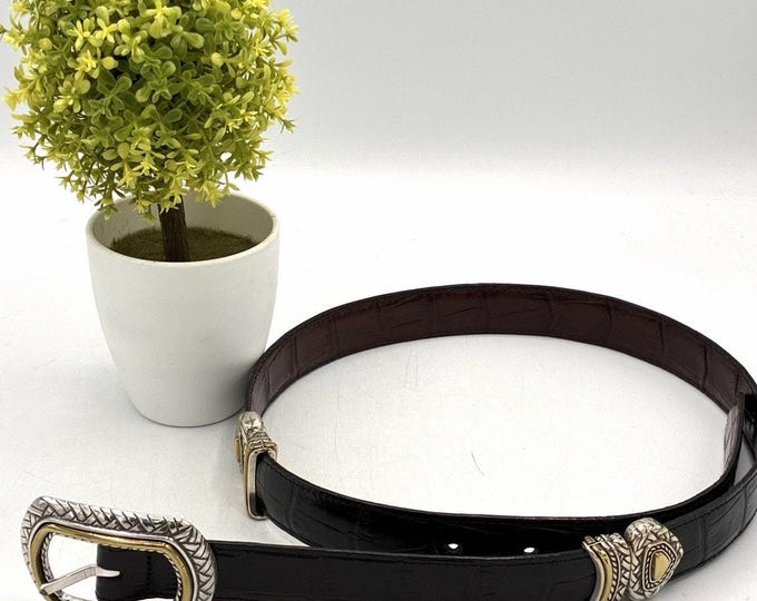 Brighton Black Croc Belt Size M 30 Silver Gold Basketweave Hardware