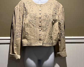 Conjunto de dos piezas Marie St Claire NWT: pantalón culotte color beige con chaqueta bordada, talla 14 (vintage)