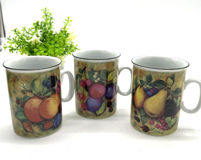 Vintage St Martin Email de Limoges Coffee Mug Set 3 Hand Painted Fruit 8oz