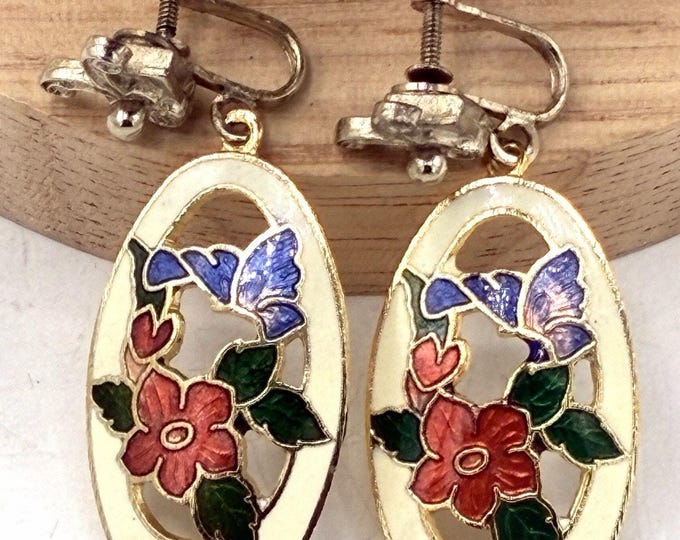 Vintage Cloisonne Enamel Flower Butterfly Oval Dangle Earrings Screw Back