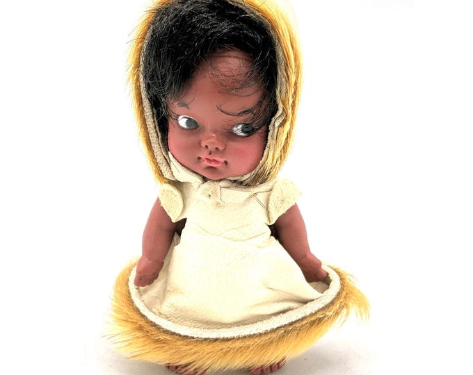 Vintage 3.5” Eskimo Inuit Style Doll Fur Trim Hide Parka Arctic Souvenir