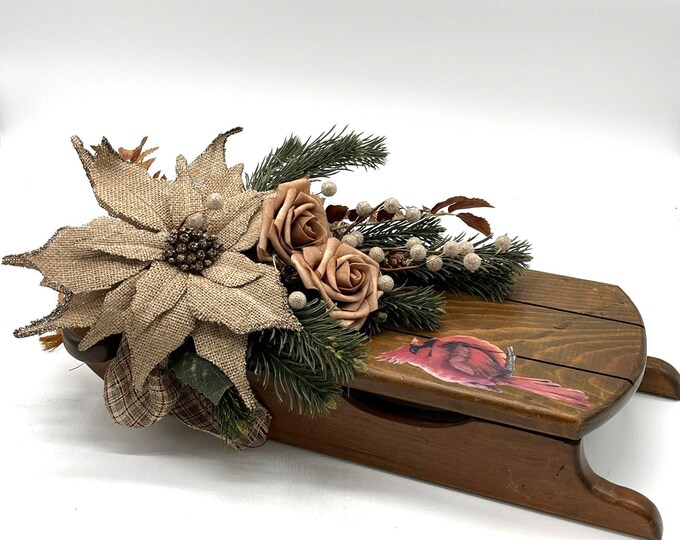 Handmade Wooden Sled Cardinal Red Bird Floral Burlap Christmas Hanging Decor 17"