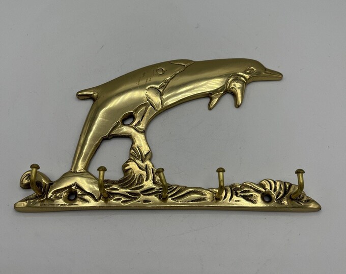 Solid Brass 2 Dolphins Jump Waves Coat Key Hanger 3 Hooks 4.5"x7" Wall Mount