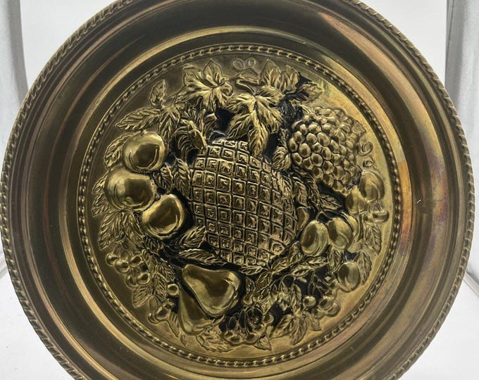 Vintage Brass Wall Plate Bountiful Harvest Embossed Made in England 16"