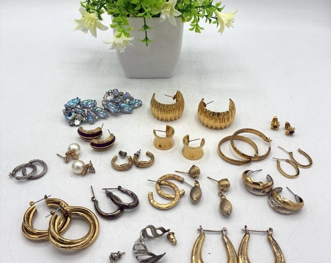 Vintage Earring Lot — 15+ Pairs Gold Hoops, Rhinestone, Crystal & Pearl Mixed Styles