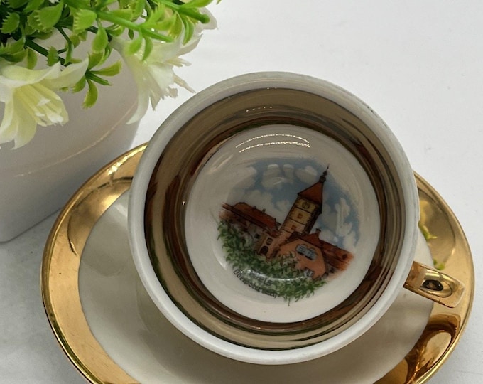 Vintage Schirnding Bavaria Espresso Cup Saucer Gold Wels Austria Cathedral Scene