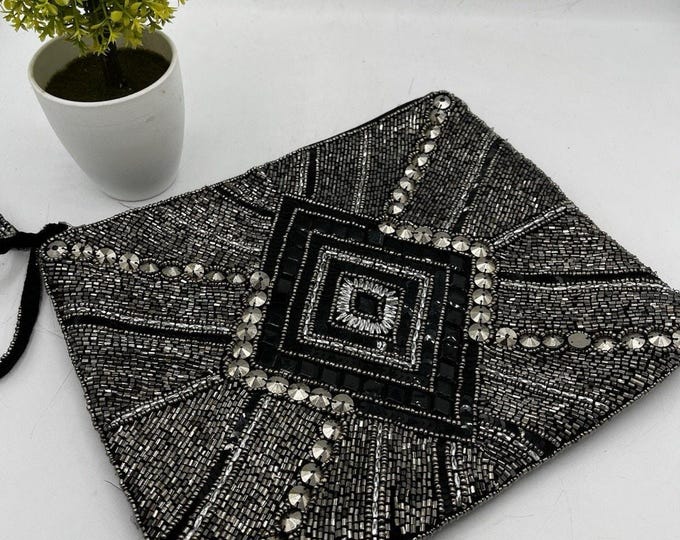 Vintage Beaded Clutch Purse Art Deco Silver Black Rhinestone 11x8 Evening